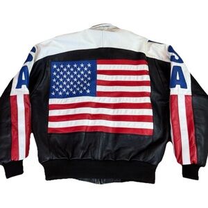 VTG BCI USA Patriotic Flag Bomber Style Leather Jacket Men’s M Black White Red